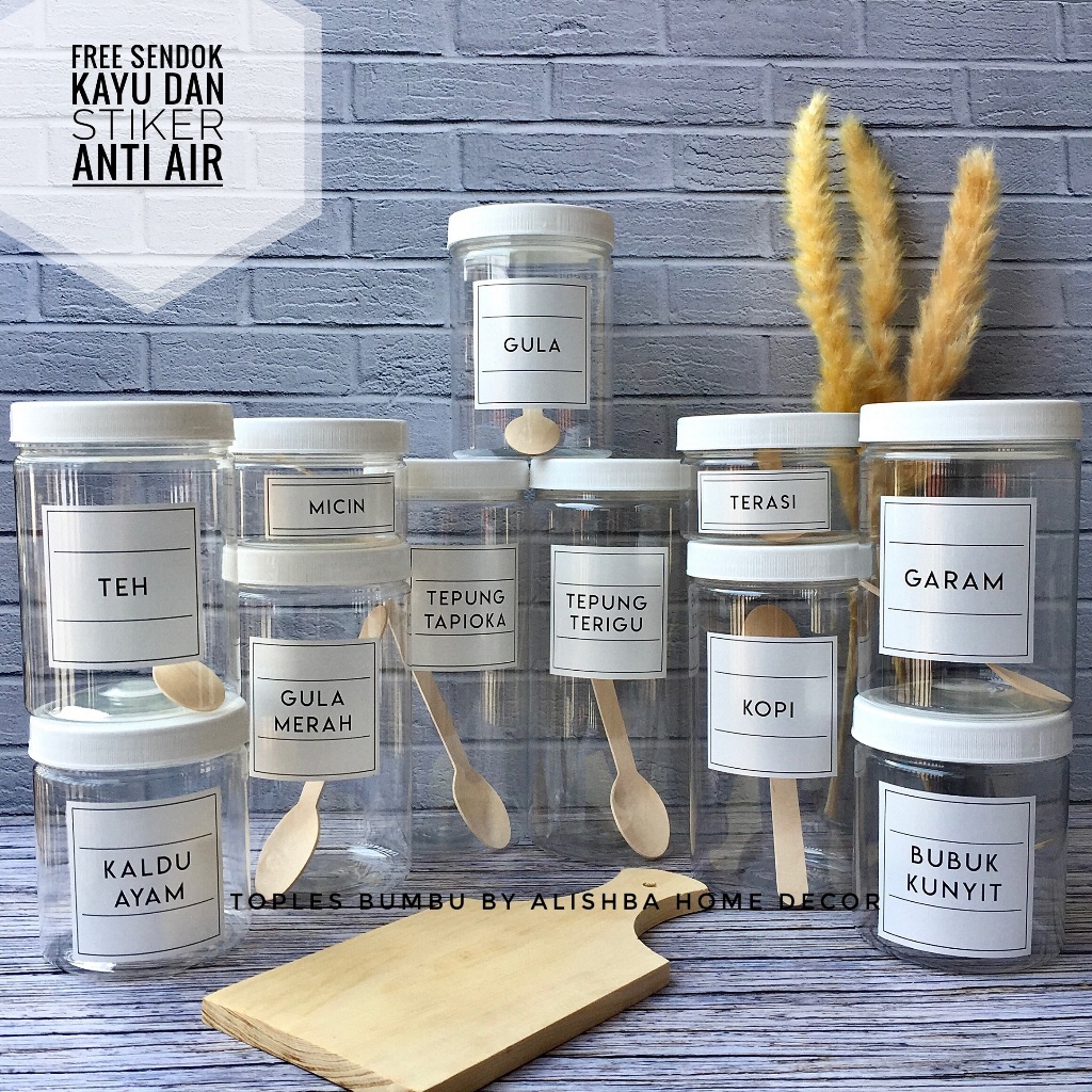 TOPLES BUMBU DAPUR TUTUP PUTIH (PLASTIK) SATUAN MODEL MINIMALIS FREE SENDOK KAYU DAN LABEL STIKER AN