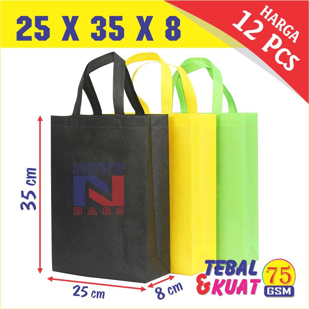 

Tas Kain Spunbond Goodie Bag MURAH Model Handle Lipat Samping Ukuran 25x35x8 Harga 12 pcs,TAS Souvenir