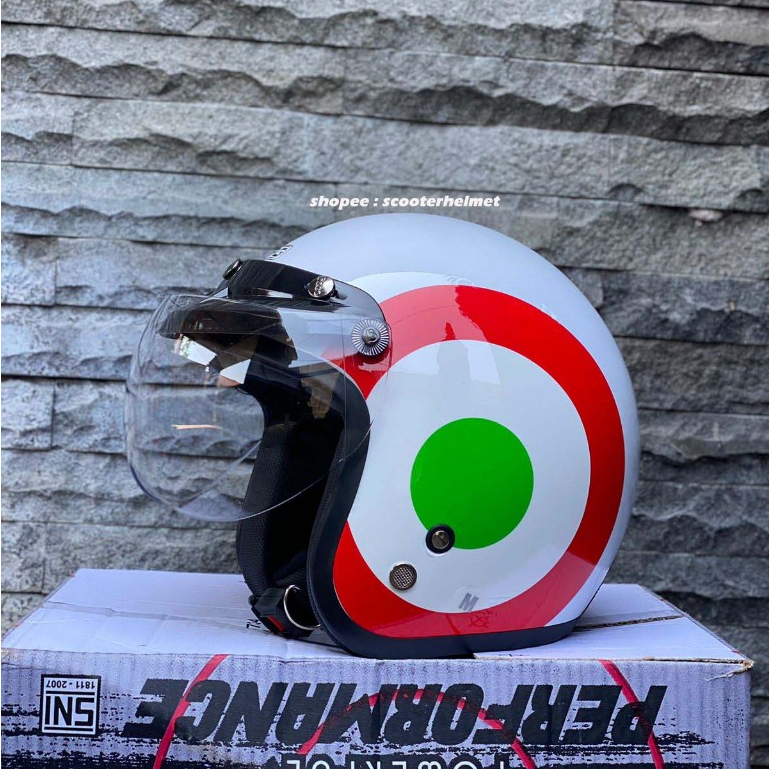 Helm Vespa Italy Flag + Kaca Bogo Original