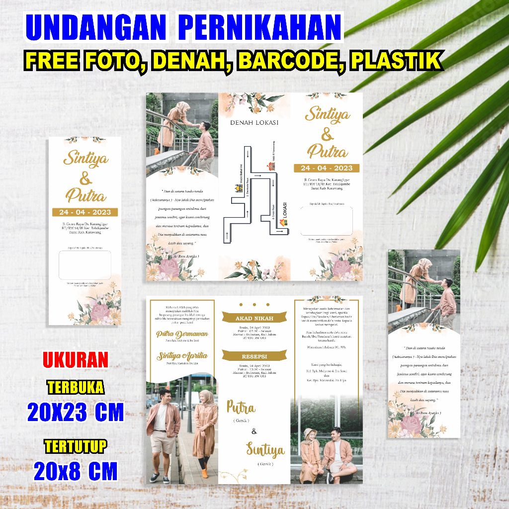 undangan pernikahan lipat 3 Free (desain, plastik, foto, denah, barcode, dan turut mengundang)