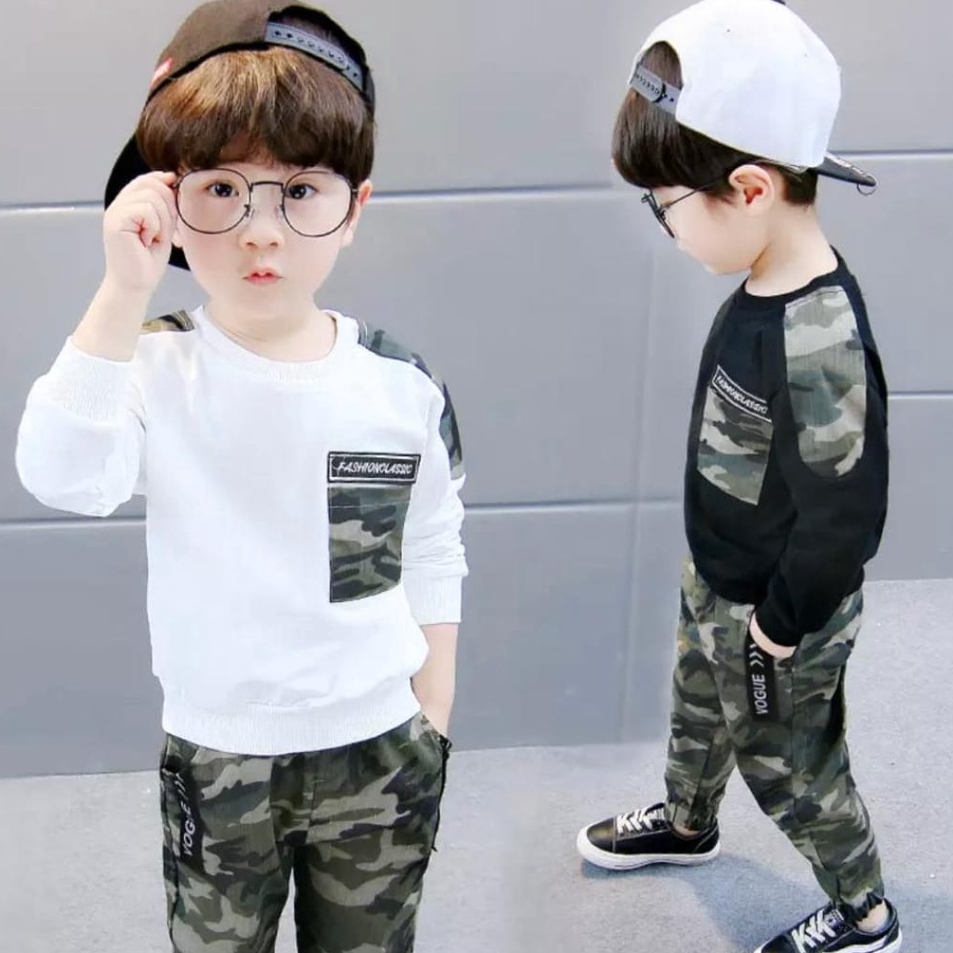Pasti Murah cod setelan baju bayi anak motif reglan army kids panjang loreng size 1-5 tahun bahan ka