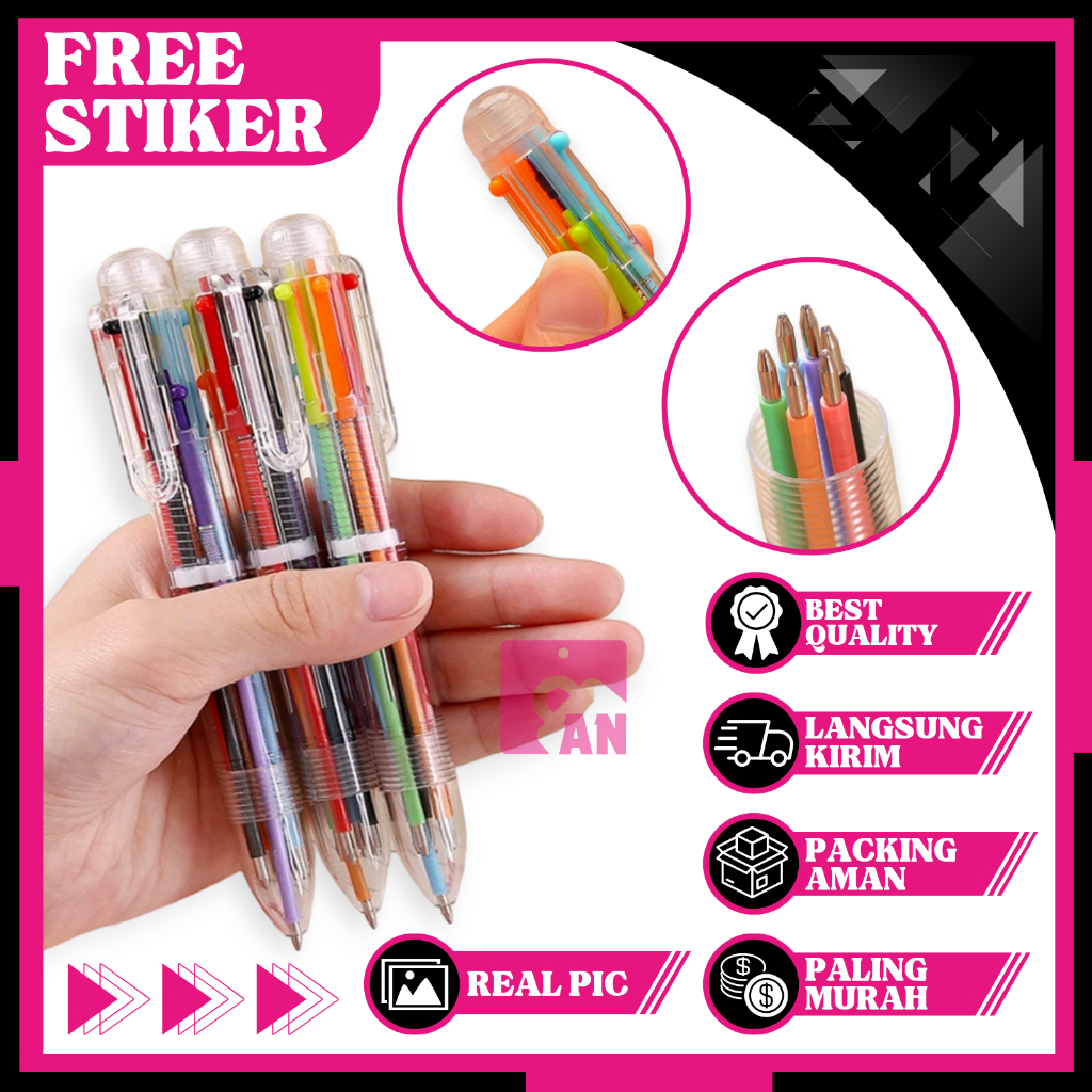 

1PCS Pulpen 6 Warna Pena 3in1 Multi Color Transparan Alat Sekolah Tulis Bolpen Enam Colors Bening Pen Hitam Biru Merah A025