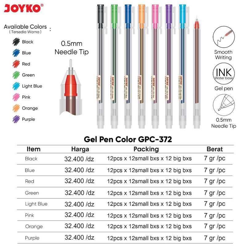 

( 1 pcs ) GPC372 Pulpen Gel tinta Warna Warni Cantik / Gelpen Color / Bolpen jel Warna GPC-372 0.5mm Joyko
