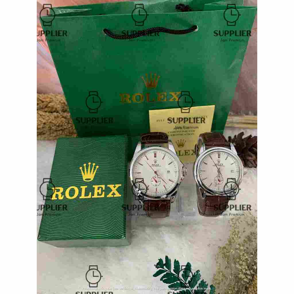 Jam Tangan Rolex Couple Kulit Automatic ( Tanpa Baterai ) Free Box, Kartu, Paperbag, & BISA COD