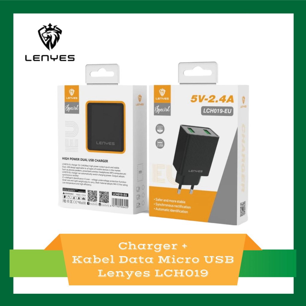 Charger + Kabel Data Micro USB 5V-2,4A Dual USB port Lenyes LCH019 - Hitam