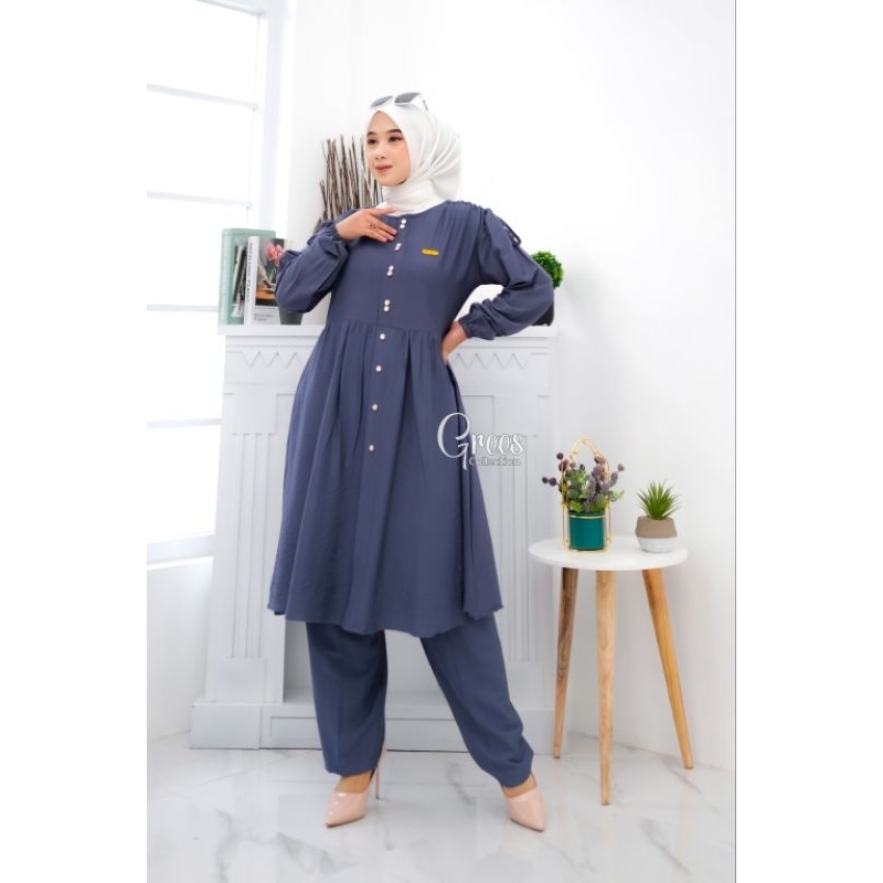 One Set Stelan Wanita Muslimah Masakini Bahan Polo linen Premium