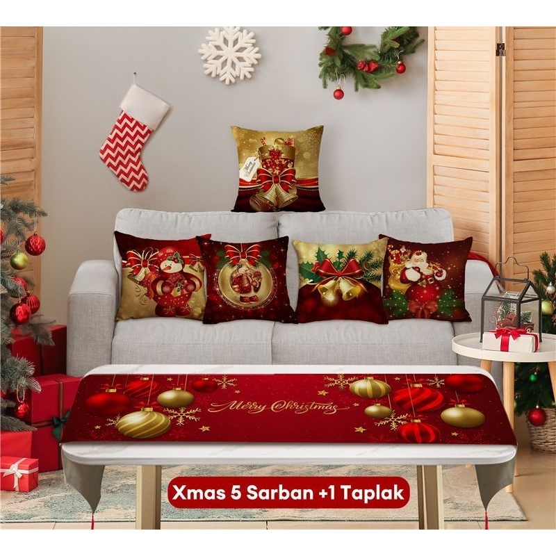 Sarung Bantal Sofa Nuansa Natal Dekorasi Christmas Motif Santa Bola Natal Dan Taplak Meja Natal