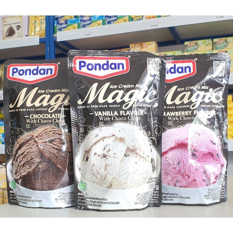 

pekanbaru / pondan magic ice cream mix bubuk es krim varaian rasa chocolate vanilla strawberry 160g