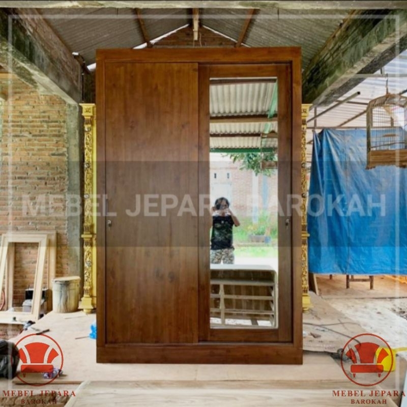 Lemari Pakaian Kayu Jati 2 Pintu Sliding Kaca Minimalis Almari Rak Pakaian Serbaguna