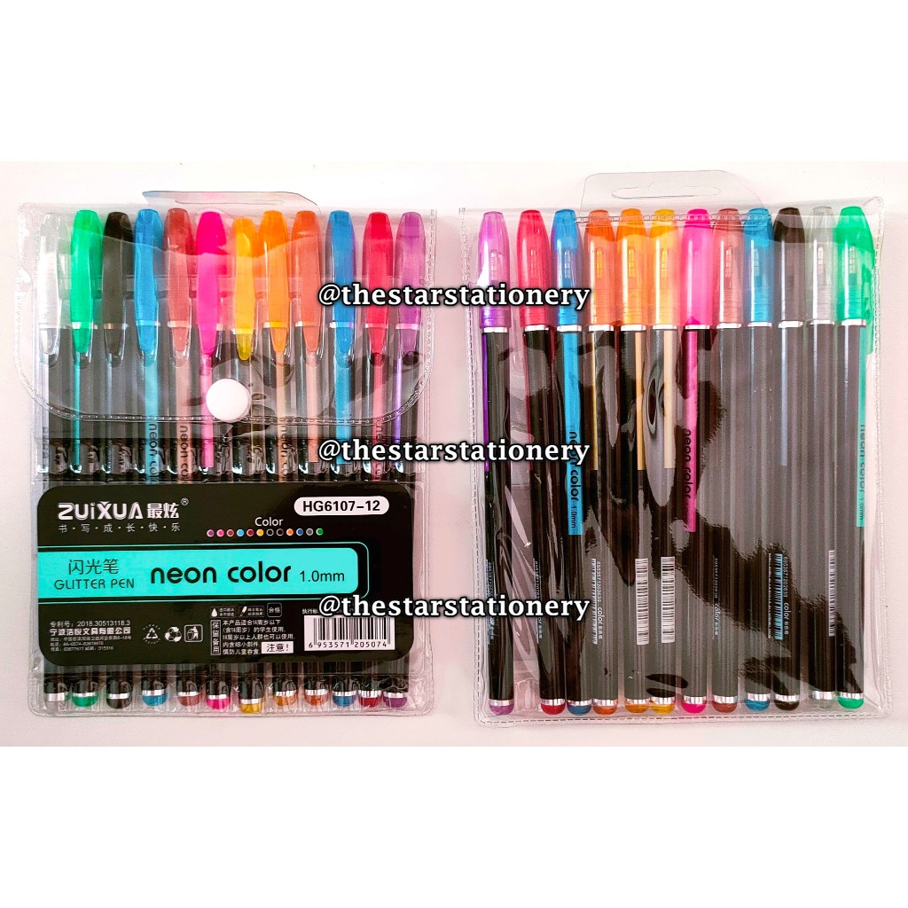 

(1 Set isi 12 Warna) GROSIR Gelpen Zuixua HG6107-12 1.0 Glitter Pen Neon Color
