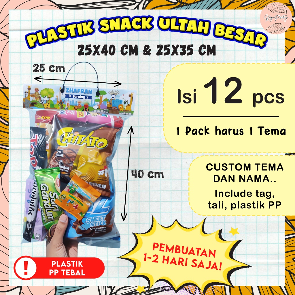 

(Isi 12 pcs) Plastik Snack Ultah Anak Custom Size Besar / Snack Tag Label Ultah anak