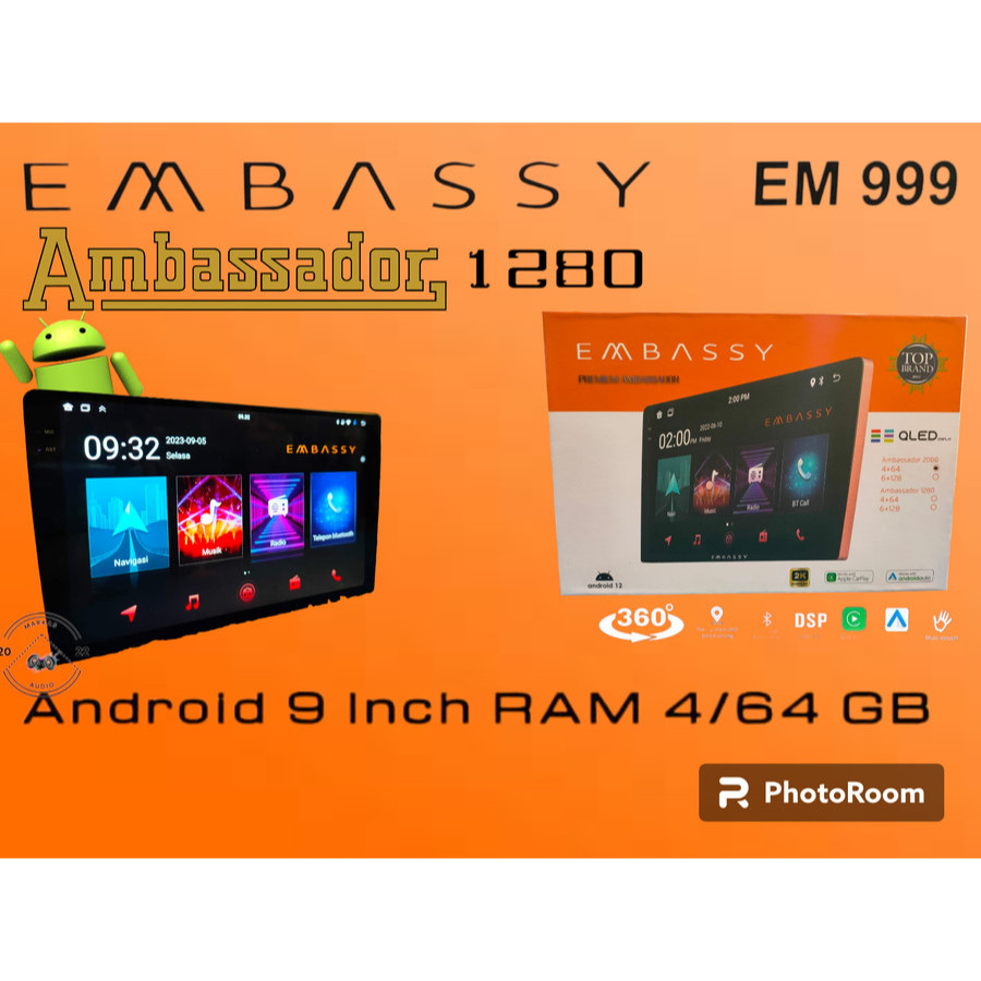 head unit android embassy em 999  premium  ambassador + kamera 360 universal