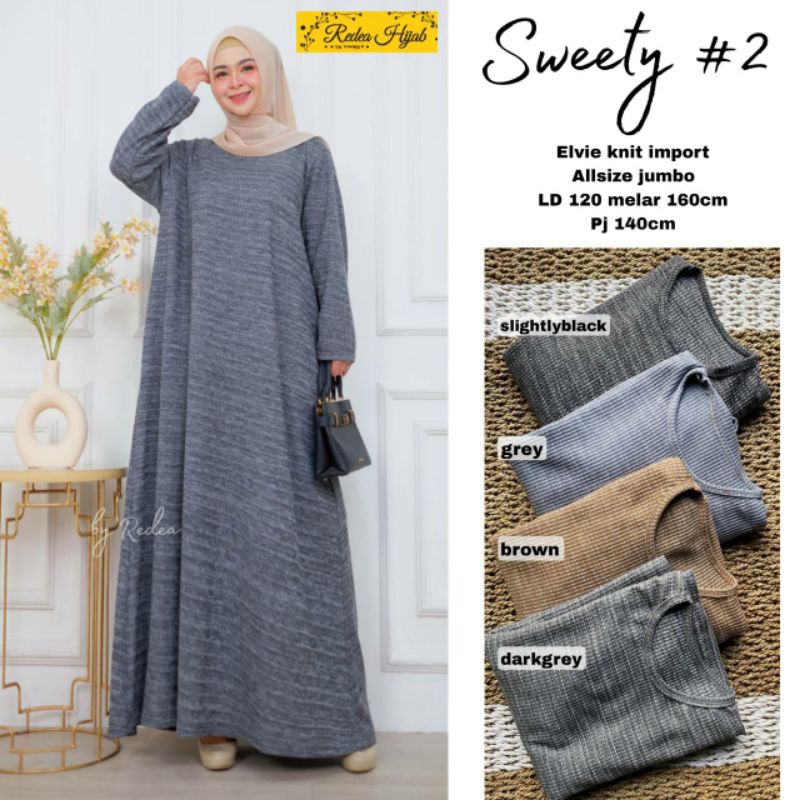 Gamis Sweety 2 By Redea Elvie Knit Rajut Import Super Jumbo Ld 120 - 140 Maxy Polos Brown Hitam Grey