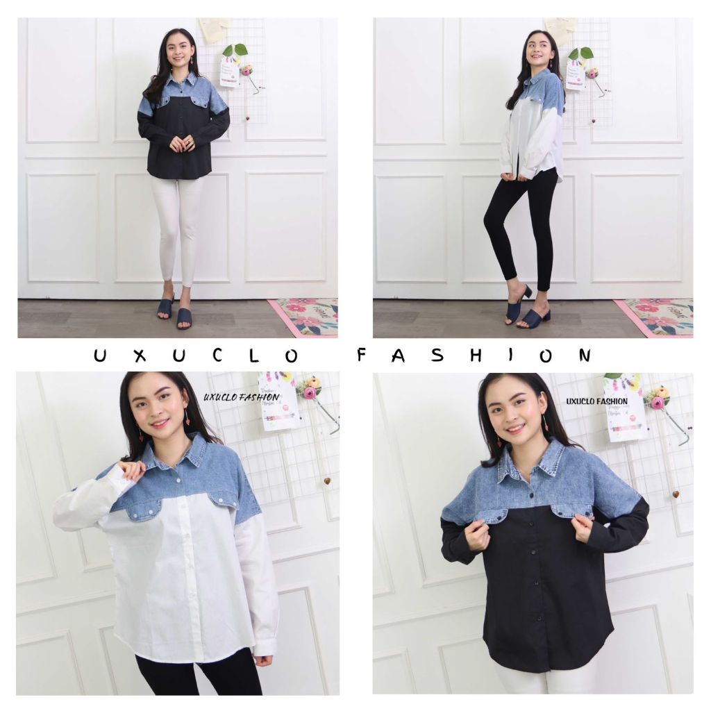 Kemeja Wanita Denim Kombinasi Cotton Lengan Panjang/Denim Shirt Wanita/Kemeja Wanita Denim Oversize/