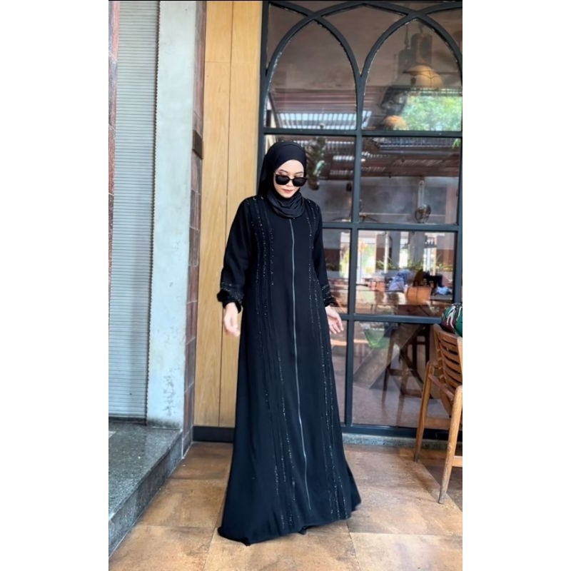 Abaya Gamis ZIPER VELIA BLACK Swaroski Abaya Dubai Hitam