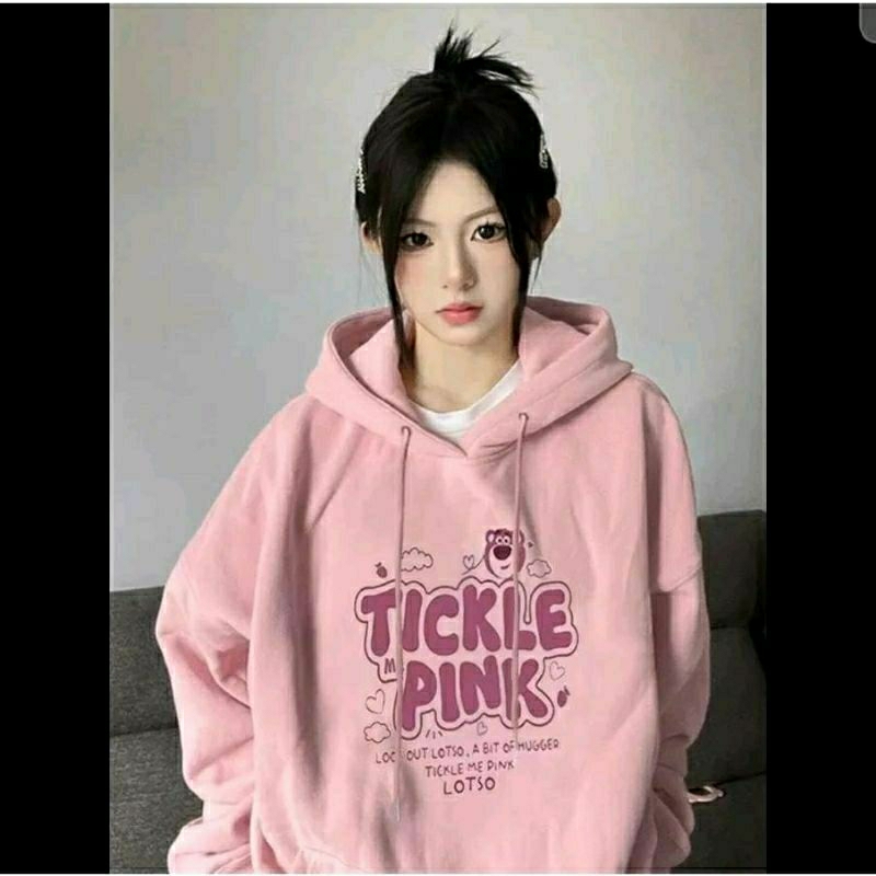 Tickle Pink Sweater Hoodie Oversize Premium Lotso Bear Wanita