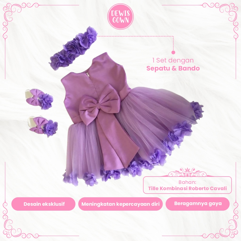 Baju Pesta Anak Perempuan Lilac Lekbong 0 Sampai 7 Tahun Gamis Gaun Bahan Tille Premium