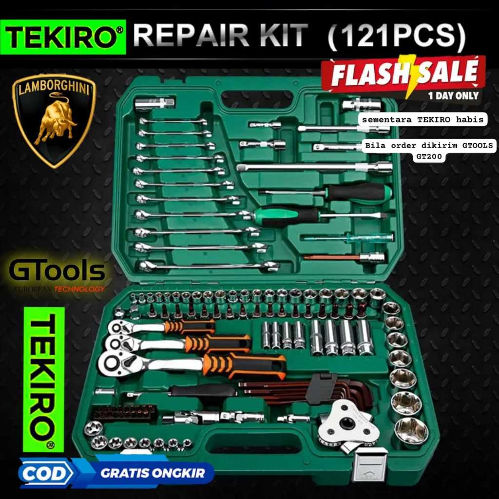 PROMO TEKIRO kunci set 121pc GARANSI RESMI yang ready Kunci ring pas set socket shock sok L bintang 