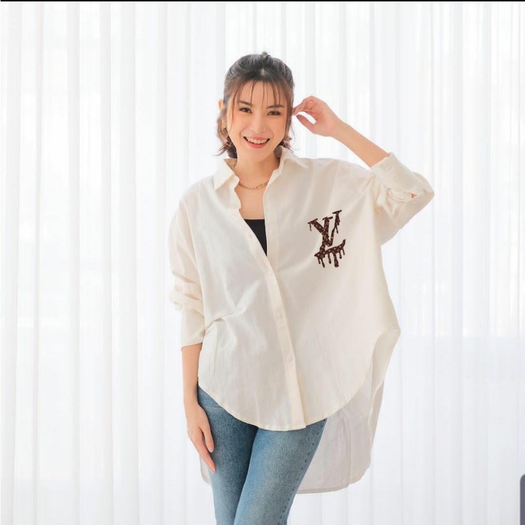 Kemeja Wanita Oversize Elvih Branded Distro / Atasan Wanita Jumbo / Kemeja Tangan Panjang Cewe