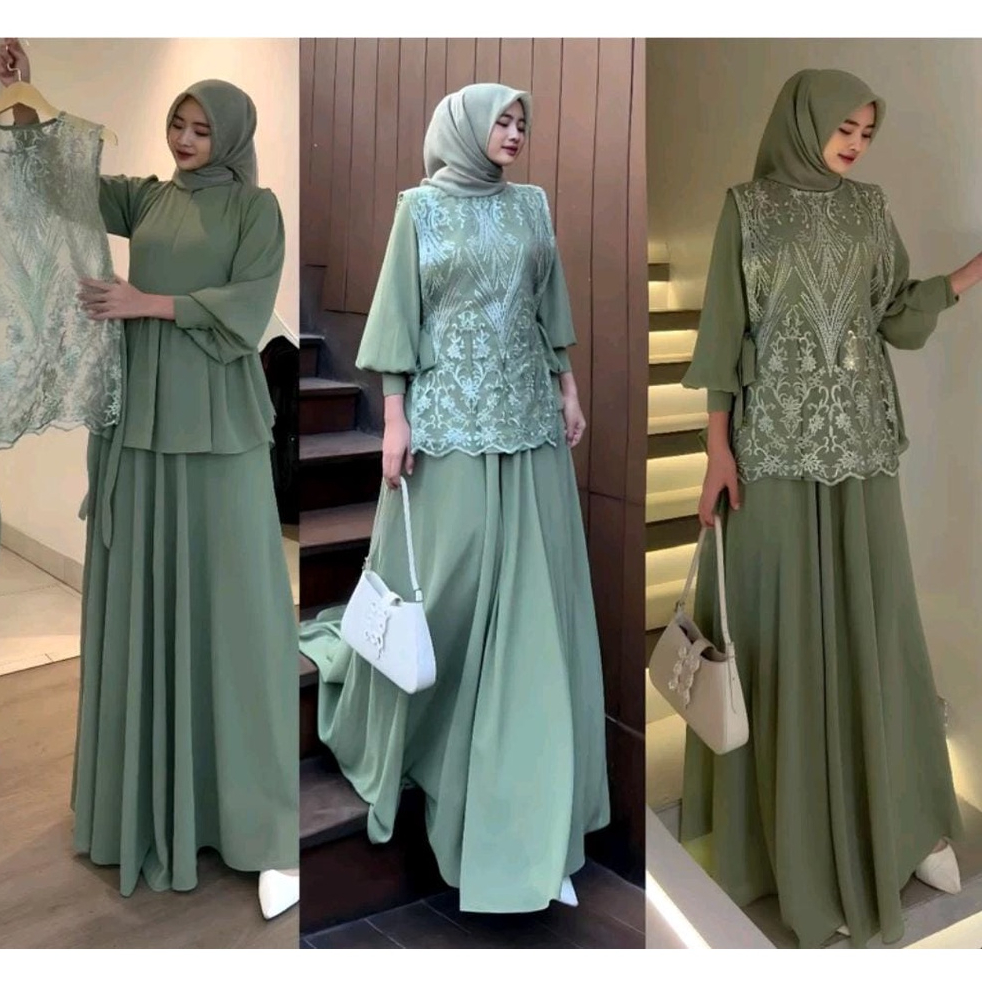 Vallina Outfit - Cintya Maxy Dress Set Vest Brokat Premium Gamis Wanita Muslim Pesta Kondangan Moder