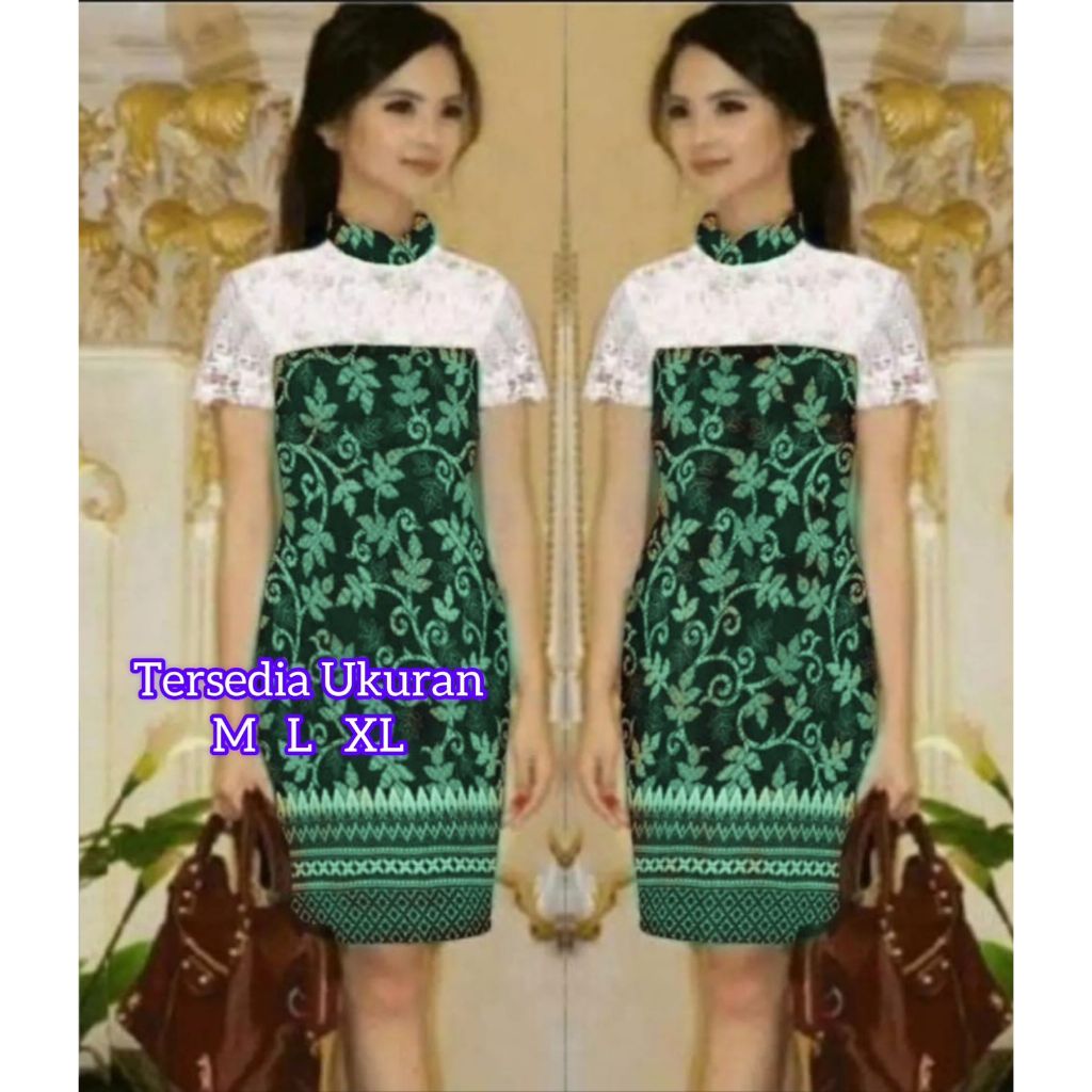 Baju Gaun Wanita Dress Kondangan Batik Brukat Lengan Pendek Setelan Midi Dress Formal Resmi Kasual L