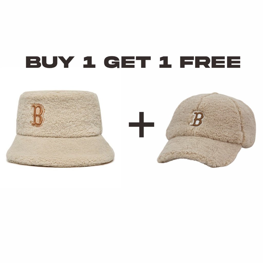 PROMO BUY 1 GET 1 Topi MLB Korea Boston Fleece Cream Bordir Baseball Bucket Hat
