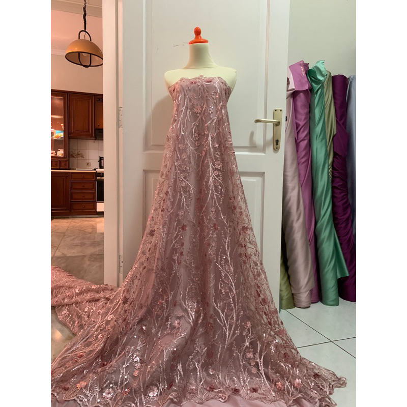 Kain Bahan Kebaya Brukat Brokat Tile Tulle Bordir Payet Spangle Akar Freya 1/2 Meteran Warna Pink Ro