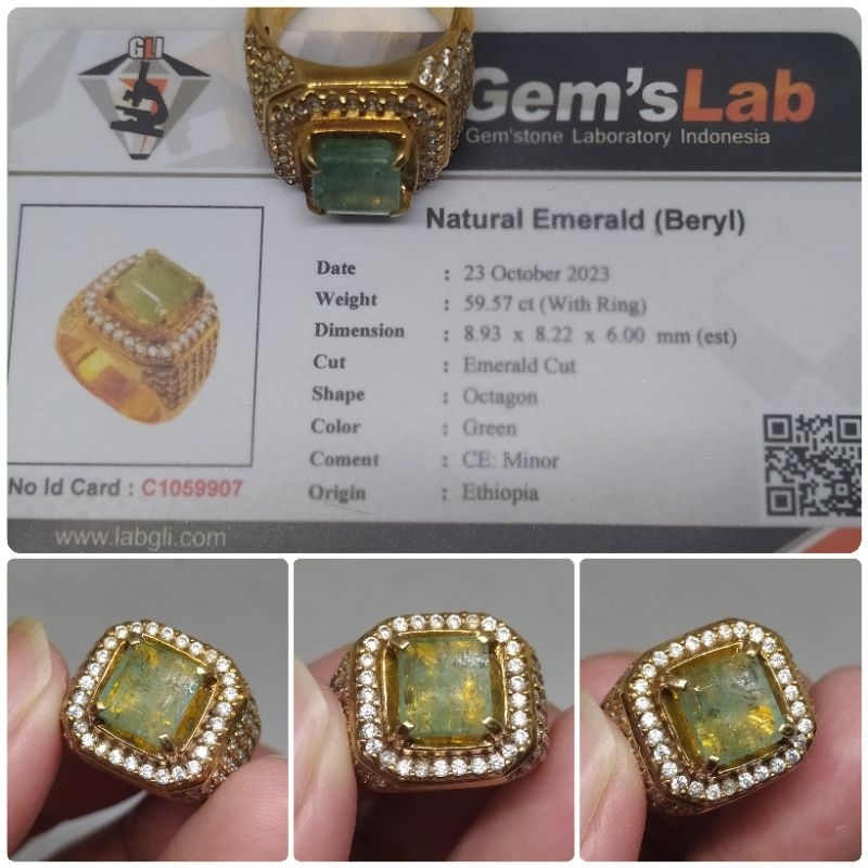 Natural Emerald Beryl 2 ct memo GLI Ring Perak Zamrud Ethiopia Bagus