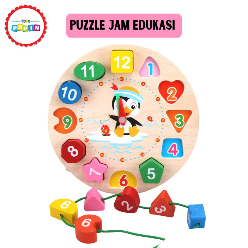 TokoPapin Mainan Edukasi Anak Bayi Puzzle Jam Kayu Dinding Geometri Shape Belajar Menghitung Angka W