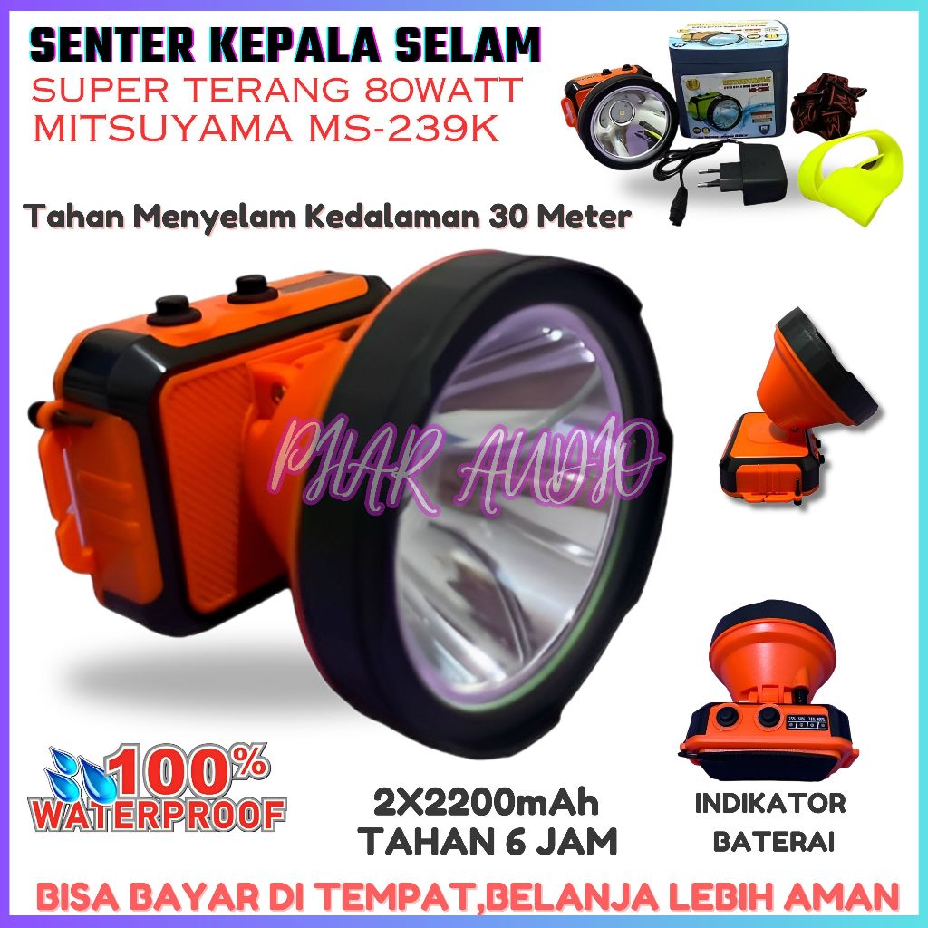 PROFESSIONAL Senter kepala selam MITSUYAMA 80watt MS-239K | Headlamp diving cahaya kuning super tera