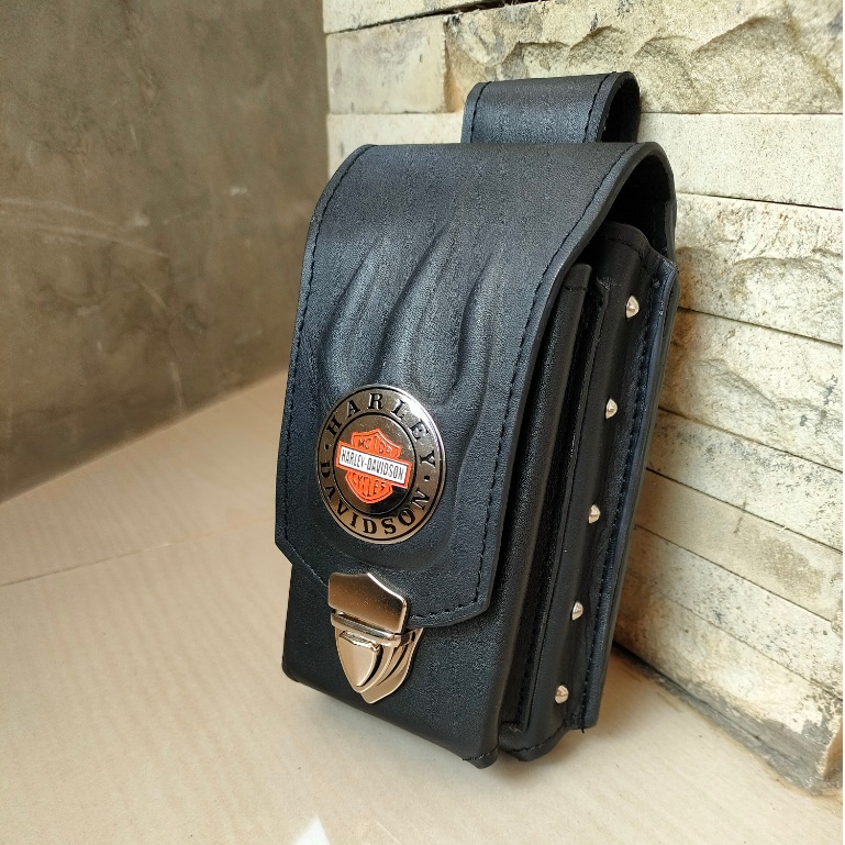 Sarung hp kulit double model harley logo bulat