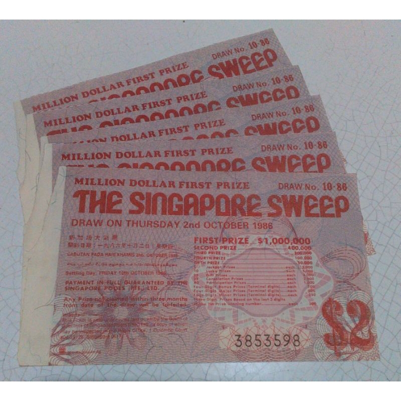 Kertas Kupon Undian The Singapore Sweep Oktober 1988 5 Lembar