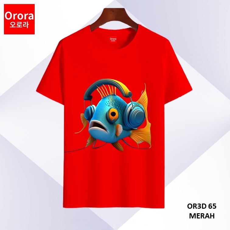 Orora Kaos Distro Premium 3D Fish Cute - Baju Atasan Sablon Pria Wanita Warna Hitam Putih Ukuran S M L XL XXL XXXL keren Original OR3D 65