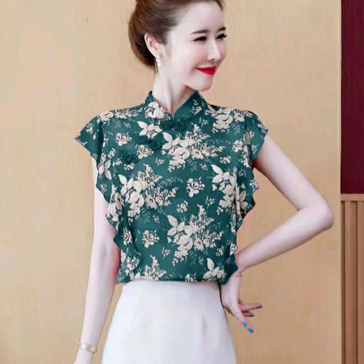 0281 Baju atasan blouse CNY IMLEK PLUMERA CHEONGSAM TOP lengan pendek Korea Korean style wanita prem