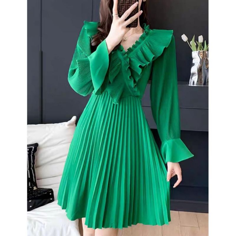 0947 Fashion mini dress dres lengan panjang renda rempel ruffle plisket Bangkok Bkk cantik manis mew