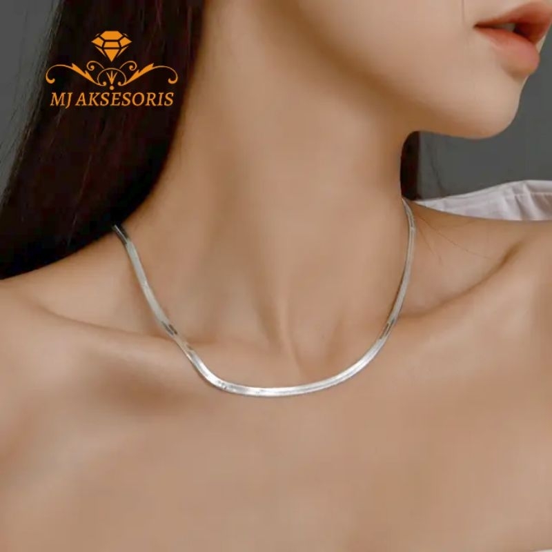 Kalung Titanium Pria Wanita Belut Pipih Silver Stainless Anti Karat