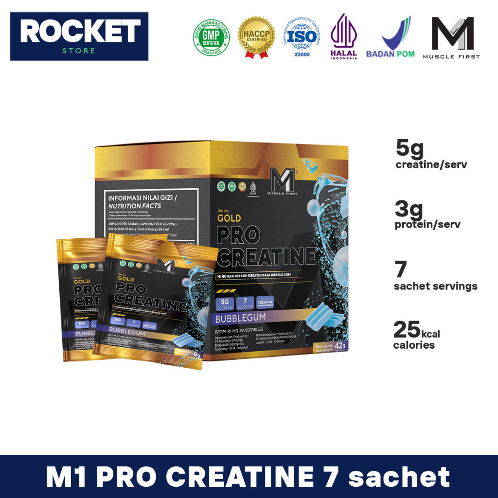 Muscle First M1 Nutrition Pro Creatine 7 serving 7 sachet Rasa Bubblegum Kemasan Box