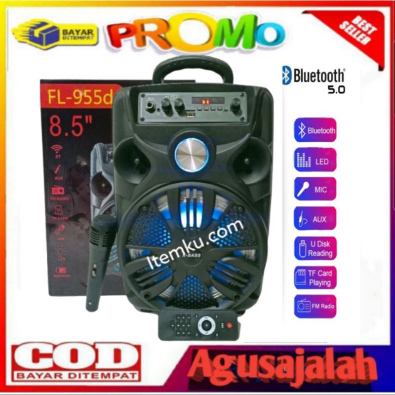 speaker bluetooth karaoke fleco 8,5inch f955d xbass free mik kabel