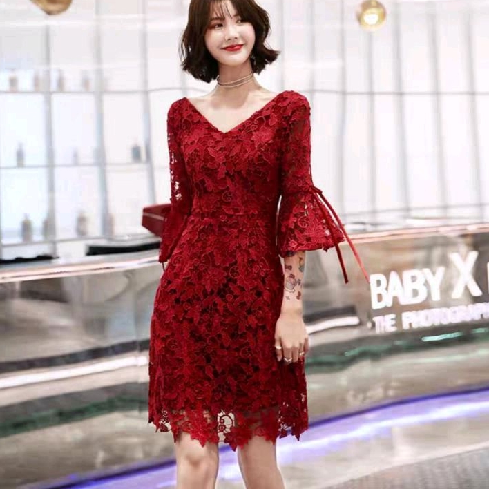 0959 Baju minidress DRESS CNY THING LACE BROKAT VNECK lengan terompet lonceng mini dres Korea Korean