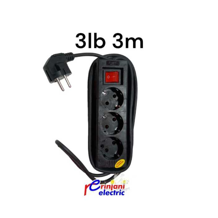 STOP KONTAK PIOLINE WARNA HITAM STOP KONTAK + SAKLAR + KABEL ROLL - 3 LUBANG, 3 METER