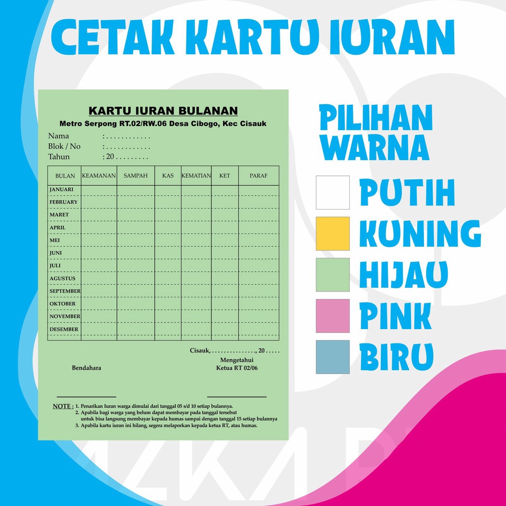 

Cetak Kertas BC/BW Ukuran A4 160 gsm - Blangko Iuran RT Bulanan SPP Absensi Rekam Medis Obat Pasien