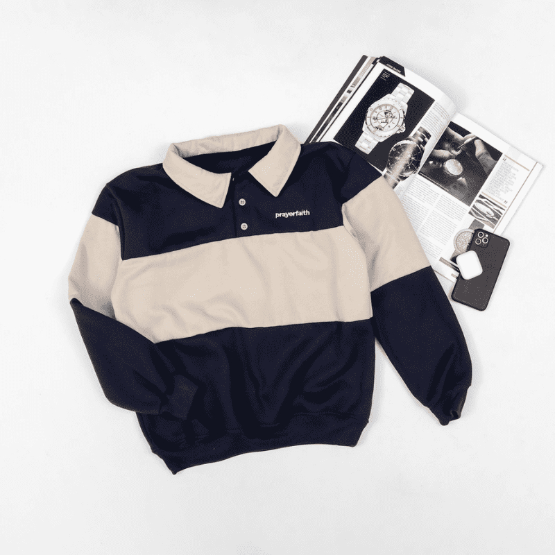 Crewneck Jaket Kerah Combinasi Colour Cream Navy Hitam Matt Fleece