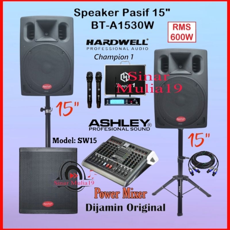 Paket Sound System Outdoor Speaker Pasif 15 Inch BareTone BT-A1530W Subwoofer Aktif BareTone SW15 Po
