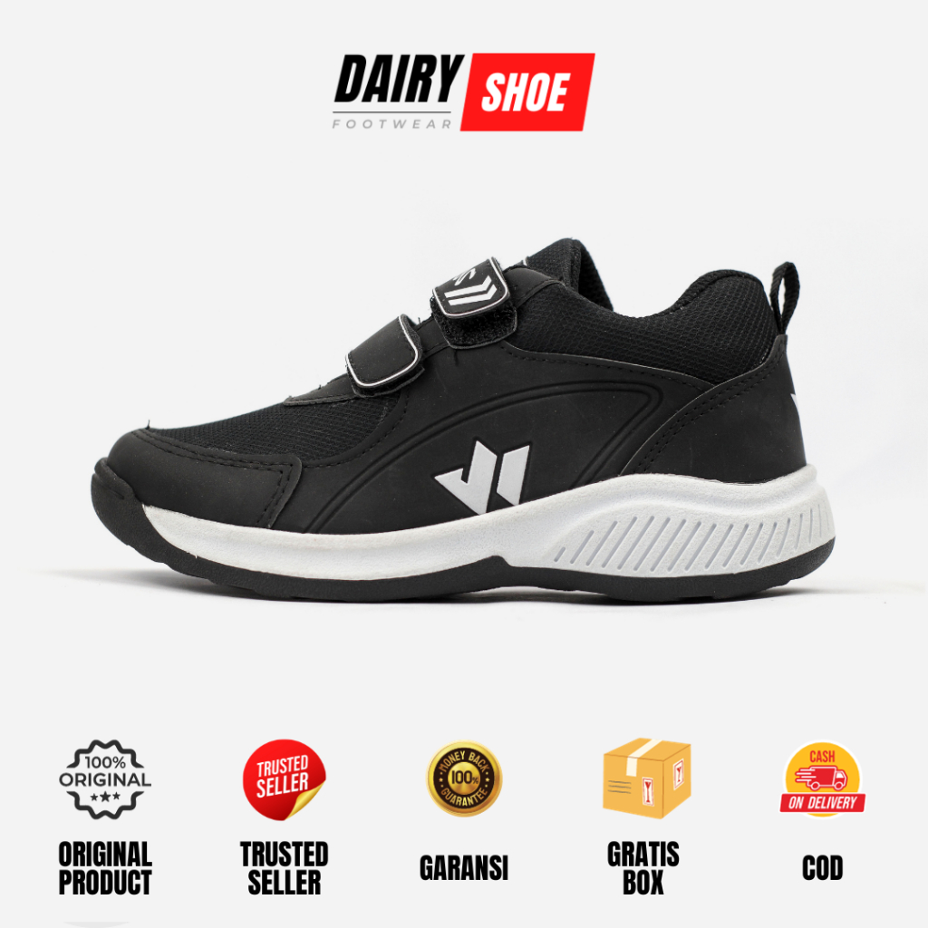 Dairy Shoe | Hustle | Sepatu Sneakers Casual Kets Sport Sekolah Warna Hitam Anak TK SD Bahan Kulit S