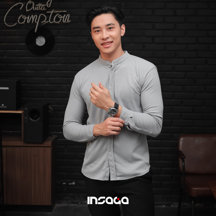 INSAGA Kemeja Polos Pria Lengan Panjang Pique Premium (Hitam, Putih, Army, Navy, Maroon, Dark Mustard, Abu-Abu, baju dll)