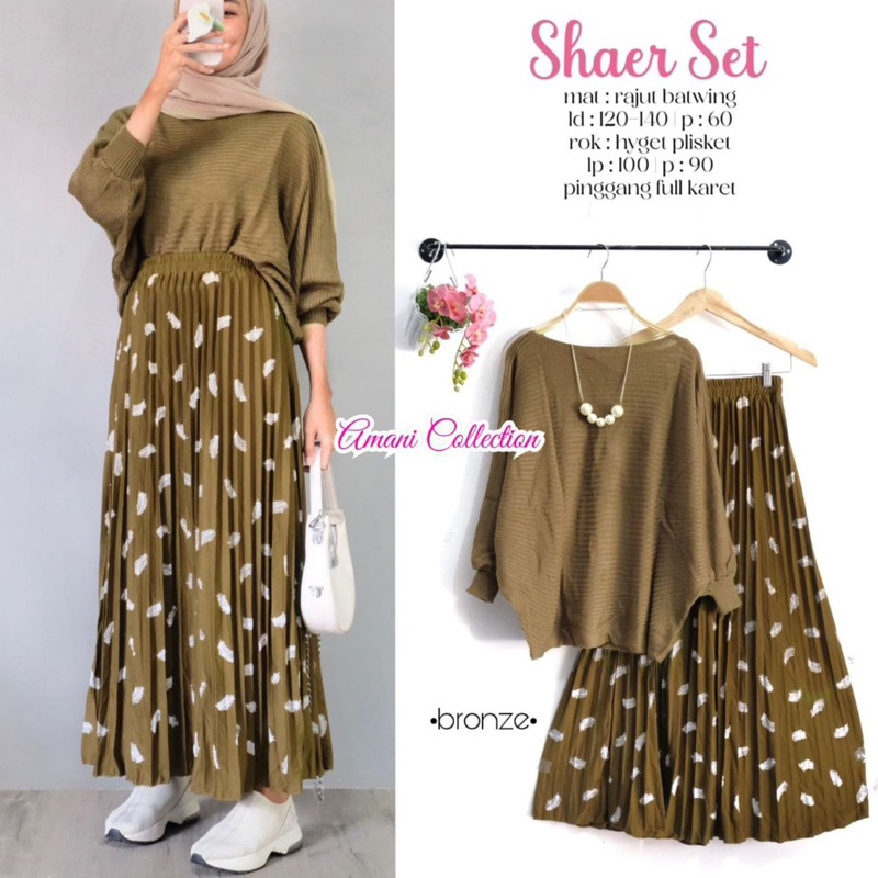SHAER SET ROK HYGET PLISKET MOTIF DAN RAJUT BATWING 0211