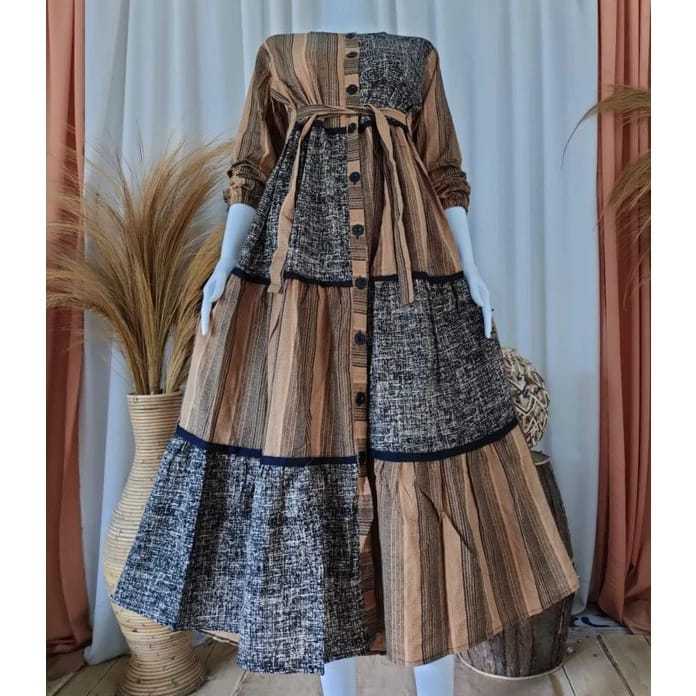 Gamis Zeiva kotak salur katun linen premyum