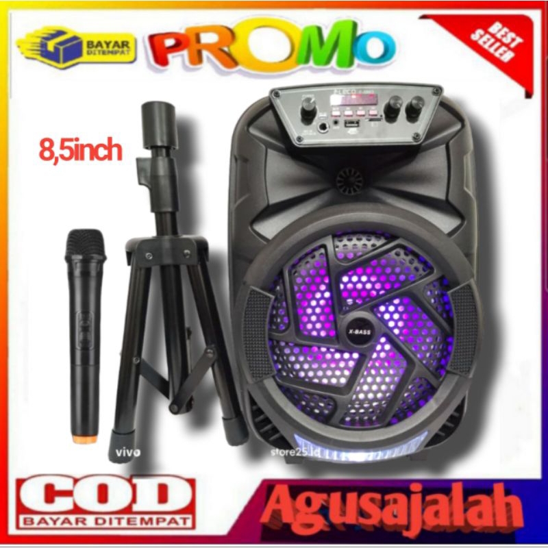 FLECO Speaker Bluetooth FLECO F-8863LED X-BASS 8,5 Inch BONUS TRIPOD DAN MICROPHONE KABEL KARAOKE Re