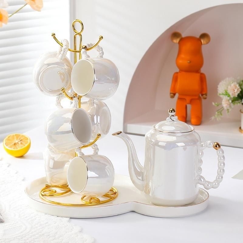 Set Mug Ceramic White Gold Emas Teko Minimalis Mewah Pearl Tea Set Cangkir Set Gold Putih Cangkir Pi