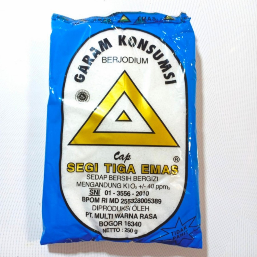 

GARAM MEJA MASAK KONSUMSI BERYODIUM HALUS CAP SEGI TIGA EMAS 250GR